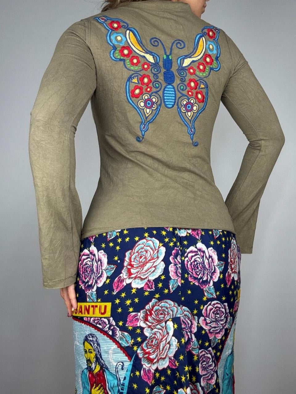 Butterfly & Floral Embroidered Bell Sleeve Top (M)