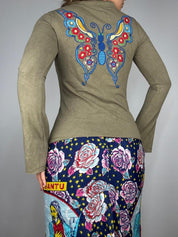 Butterfly & Floral Embroidered Bell Sleeve Top (M)
