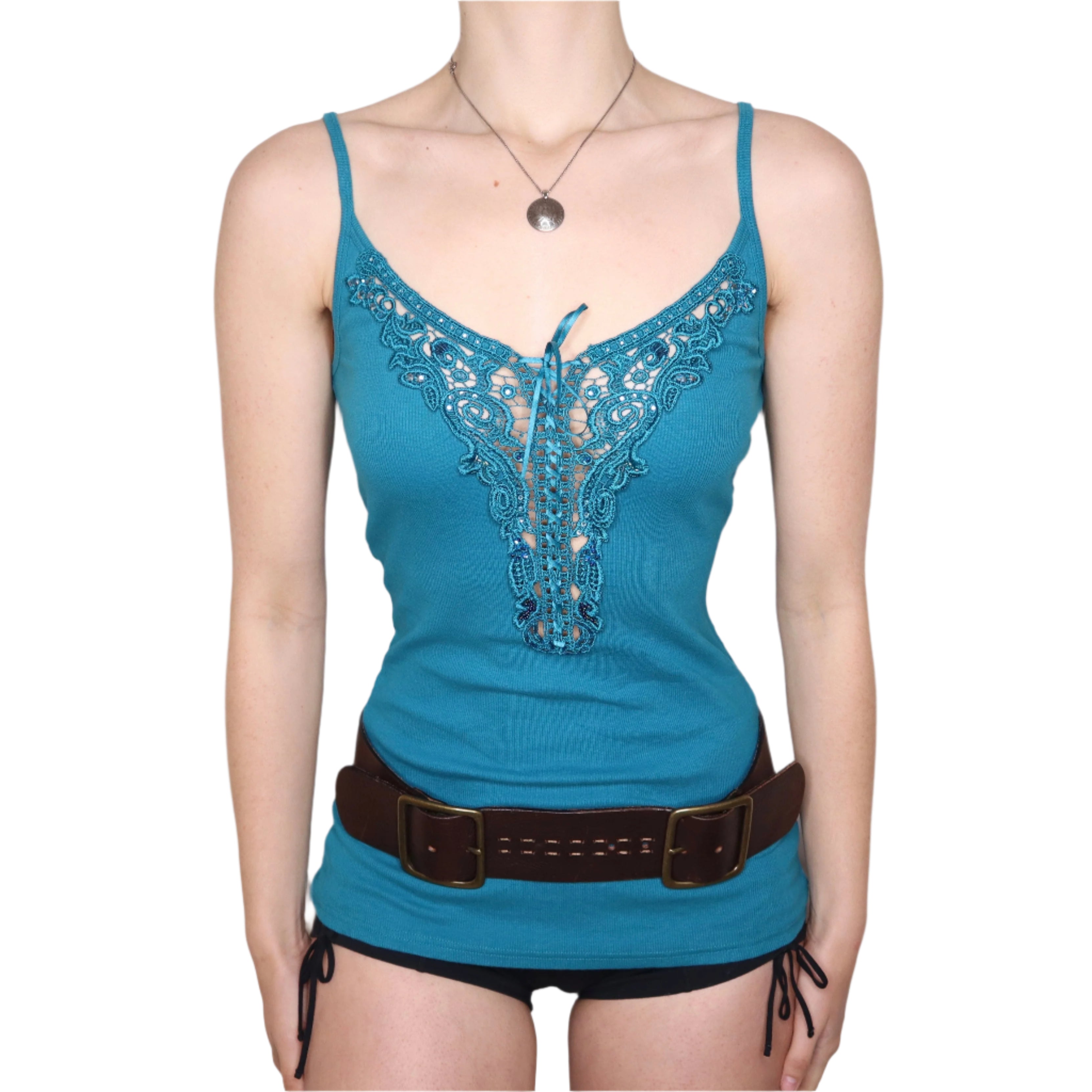 Y2K GUESS Teal Beaded Corset Tank Top (S/M)
