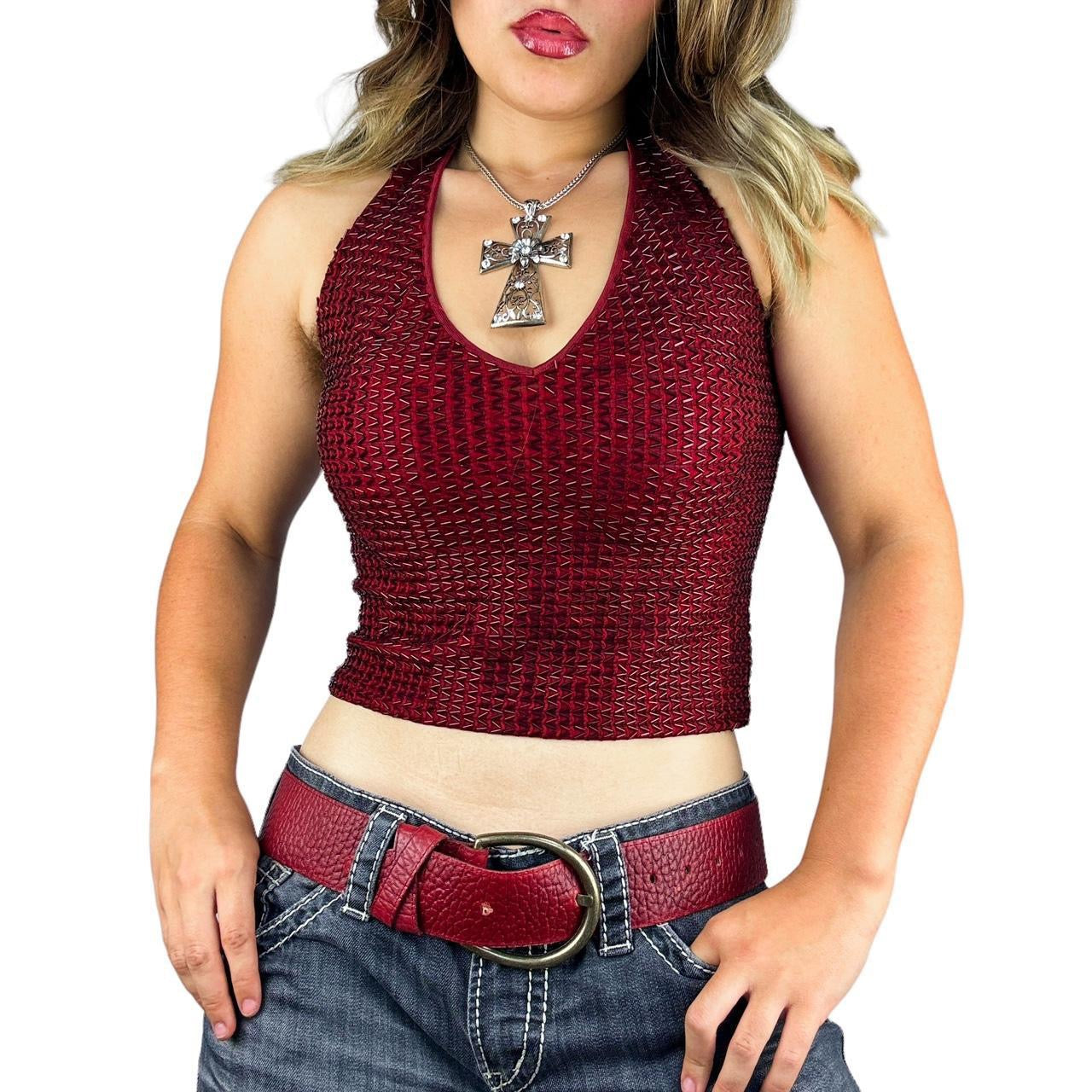 Caché Burgundy Beaded Halter Top (S)