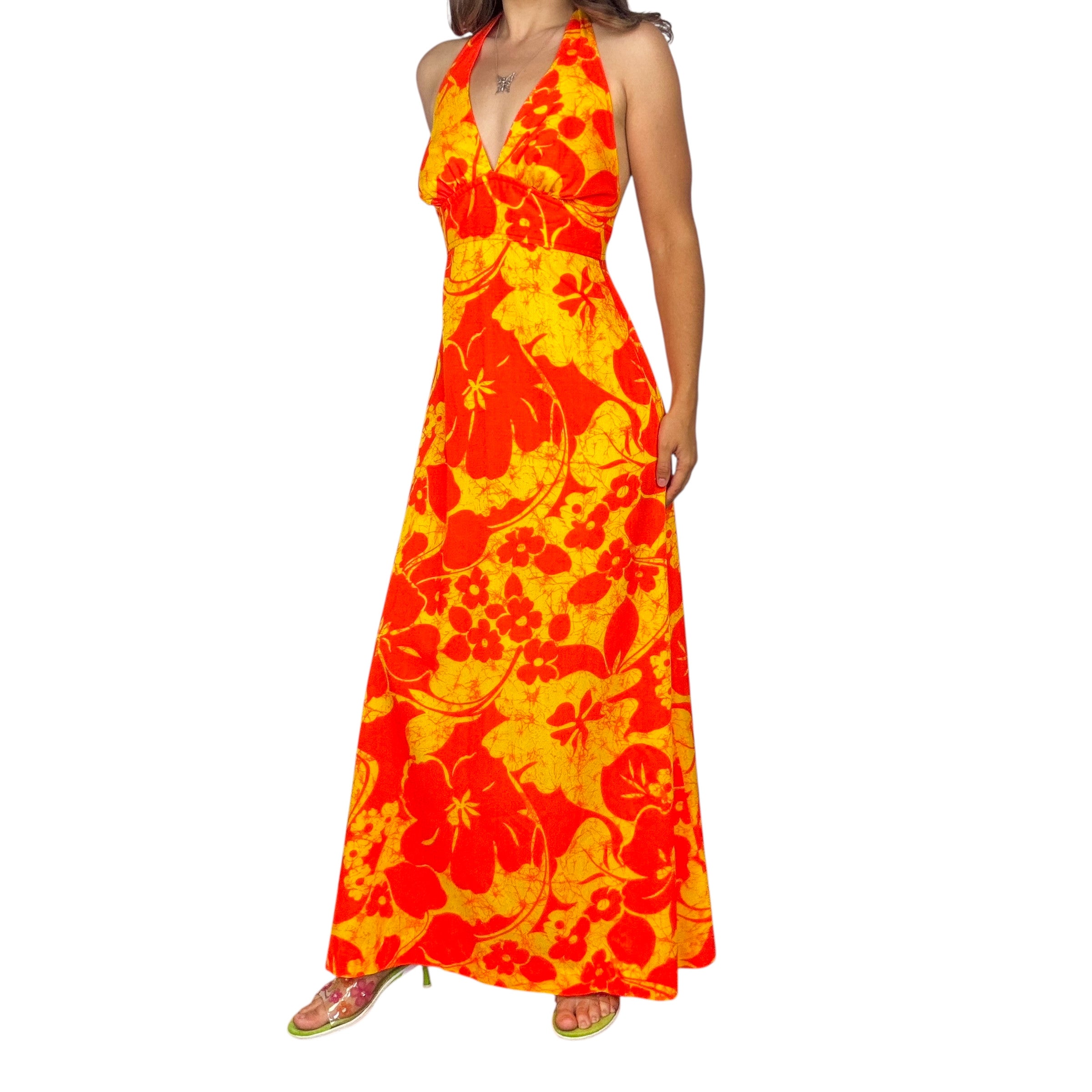 70s Hawaiian Halter Maxi Dress (M)