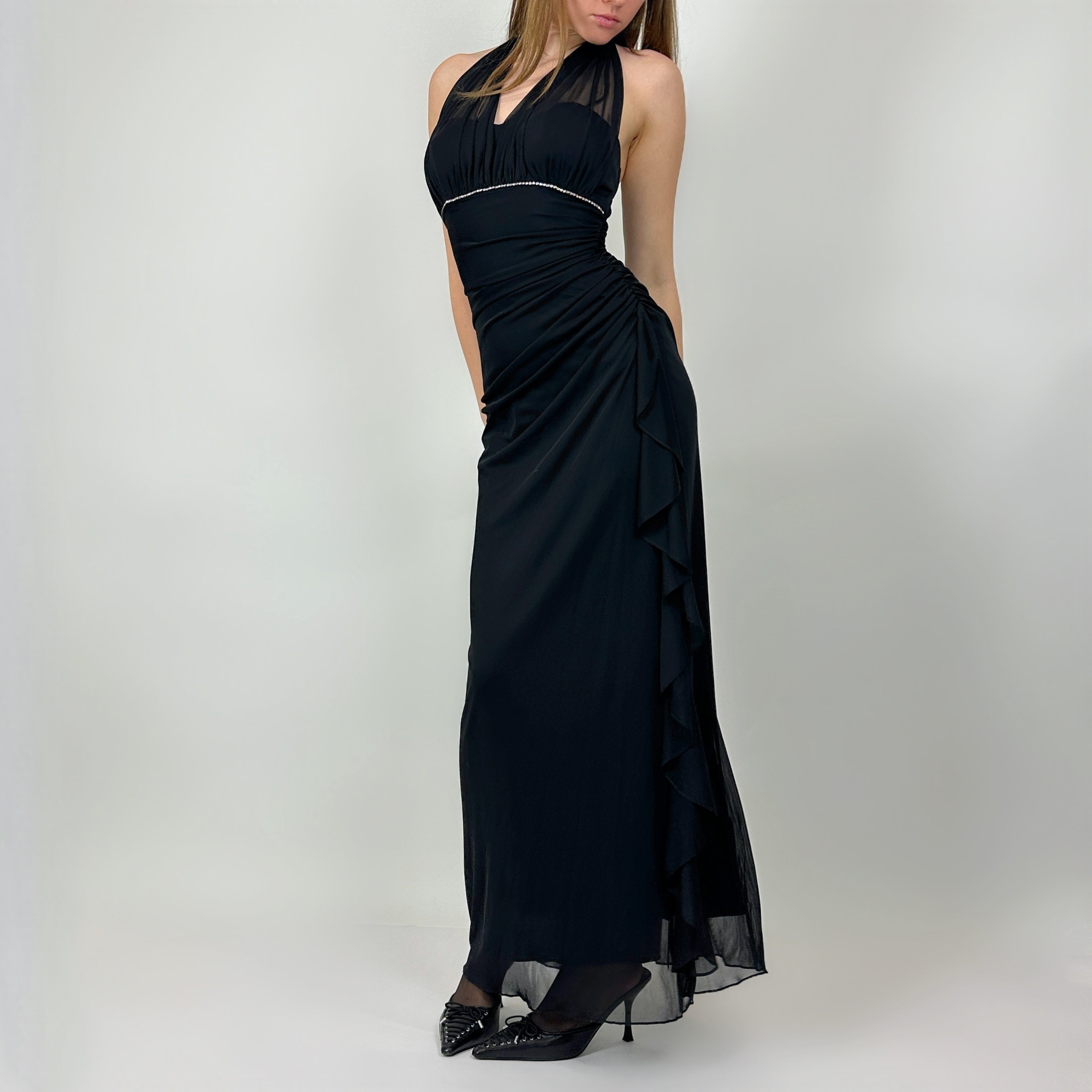Vintage Noir Mesh Overlay Flutter Gown (XS/S)