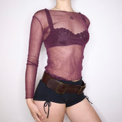 90s French Maroon Crinkle Mesh Long Sleeve Top (M)