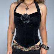 90s Romantic Gothic Black Stretch Velvet Halter Corset Top (M)