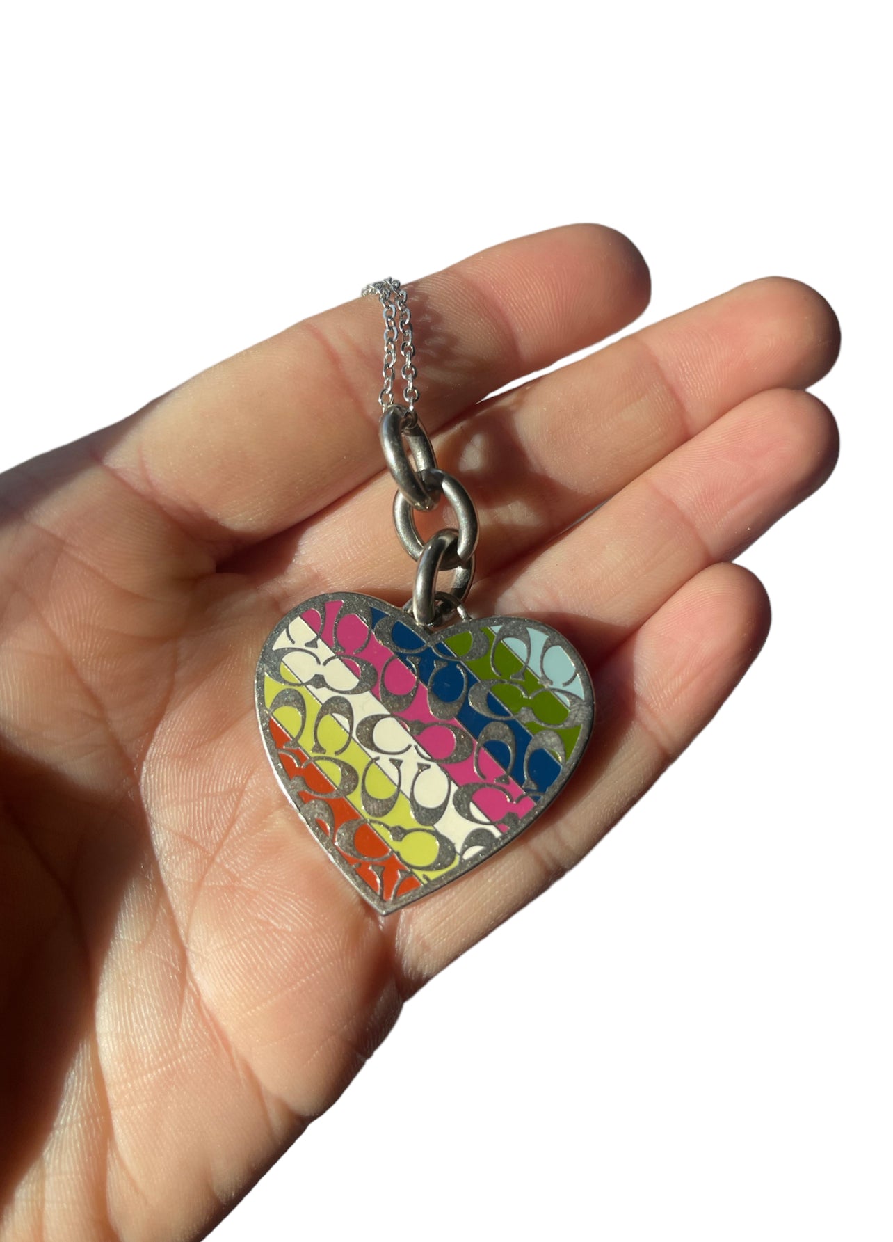 2000s Rainbow Coach Logo Heart Necklace on Silver Chain