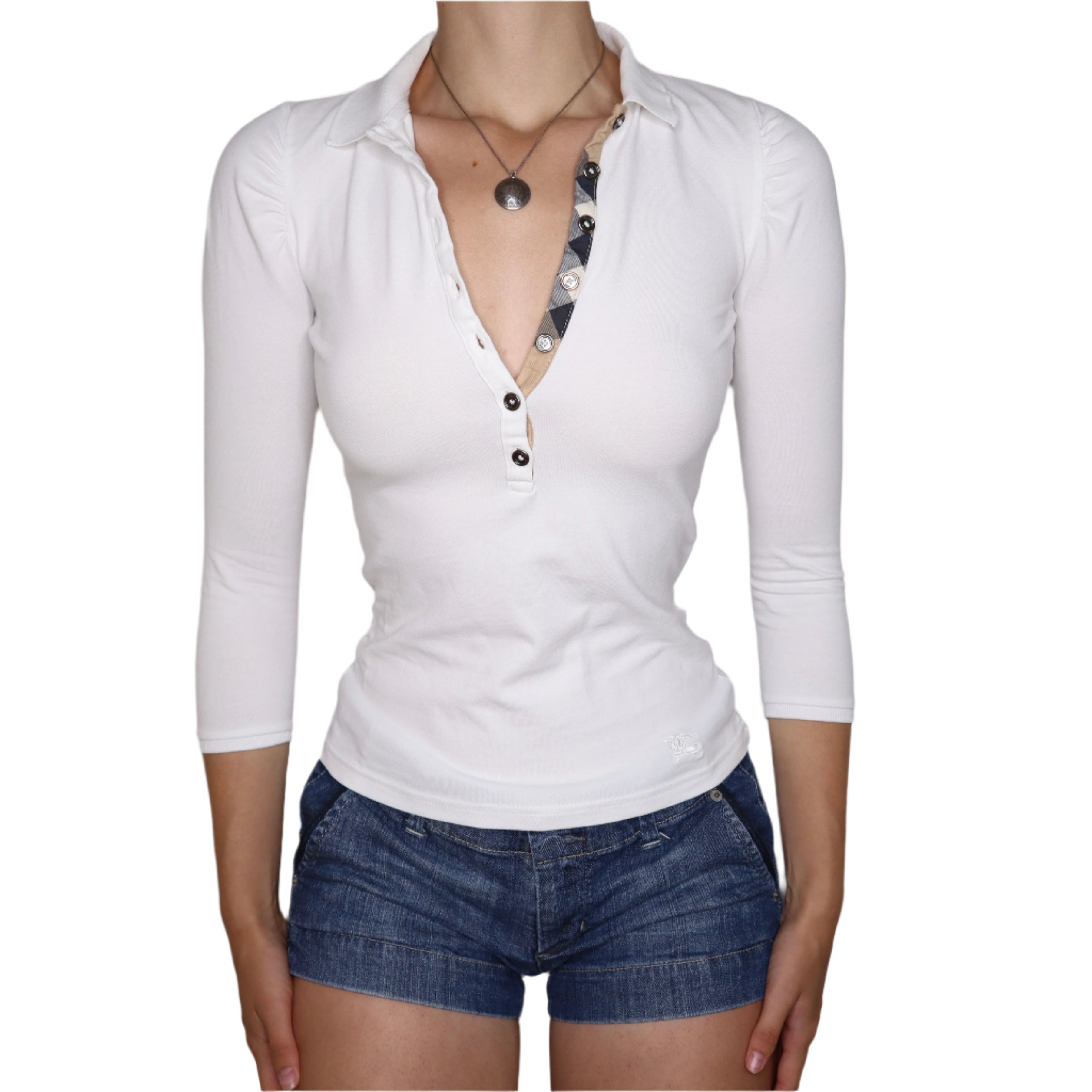 Y2K BURBERRY White Collared Button Up Top (XS)