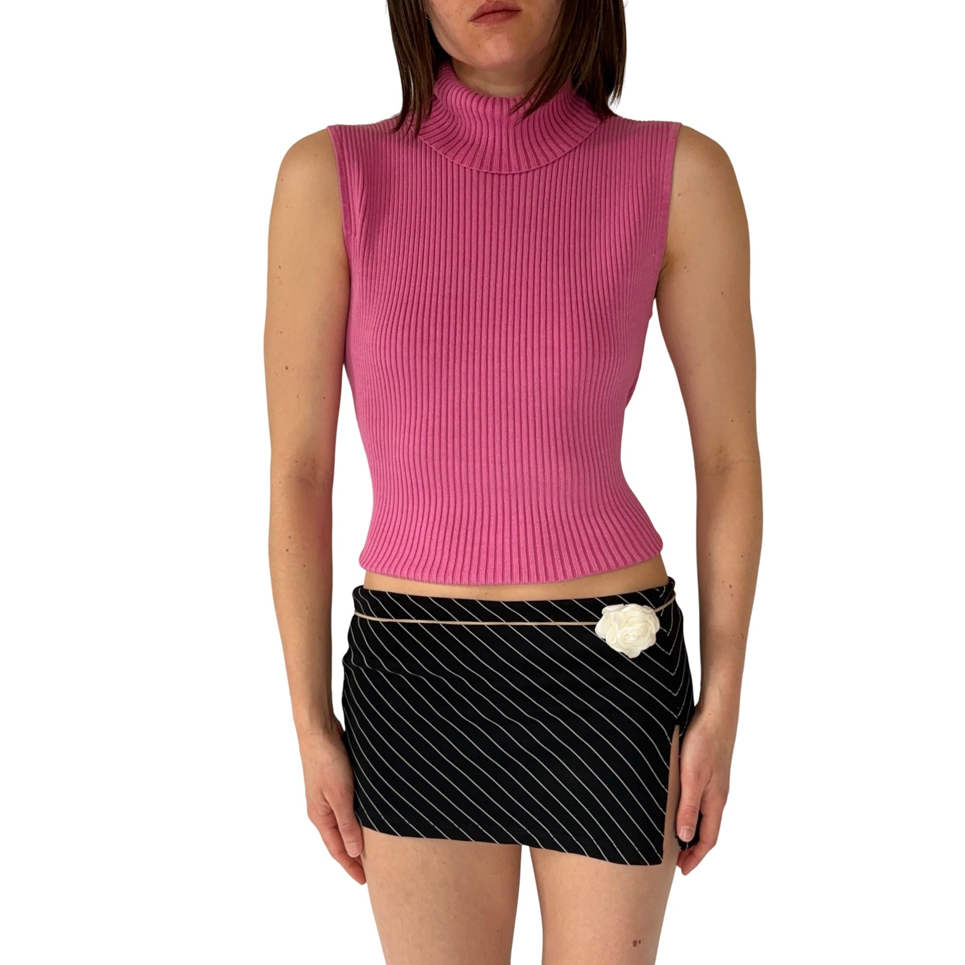 2000s Pink Silk Ribbed Sleeveless Turtleneck (S/M)
