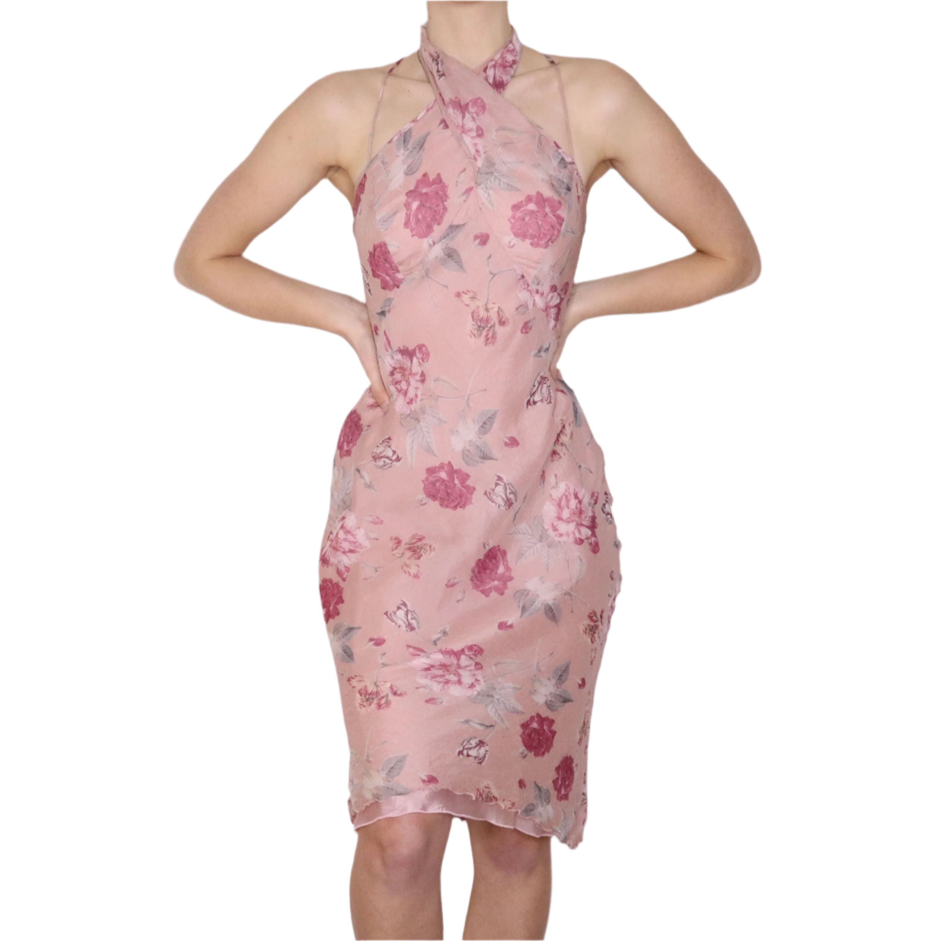 Y2K Pink Floral Silk Midi Dress (M)