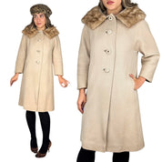 1960s Beige Wool Coat with Fur Collar (M)