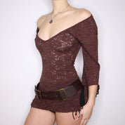 Y2K Brown Lace Boho Blouse (XS/S)