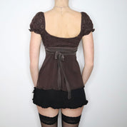 Y2K BEBE Brown Eyelet Lace Babydoll Blouse (XS)