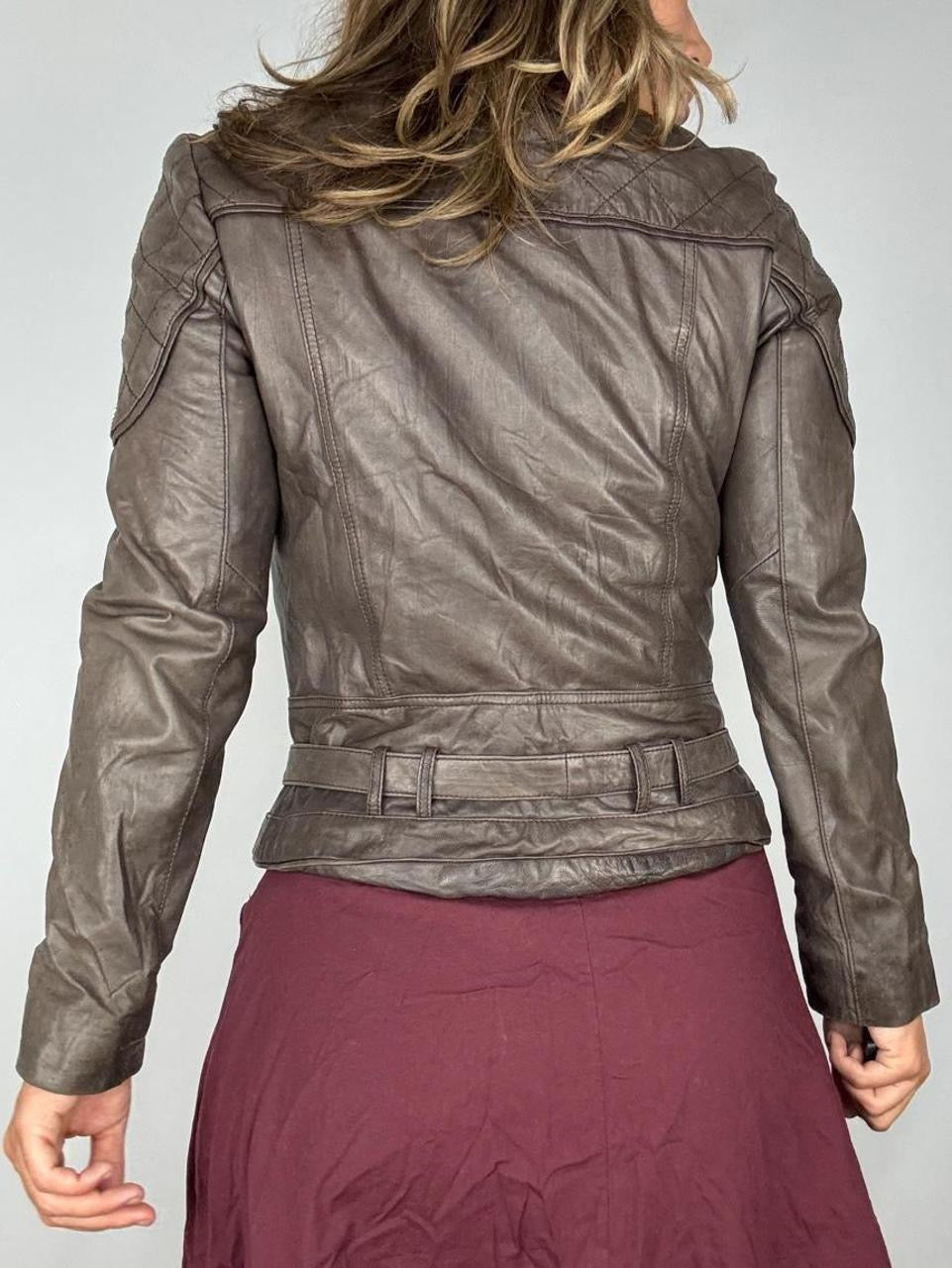 Quilted Smoky Brown Leather Cargo Jacket (M)
