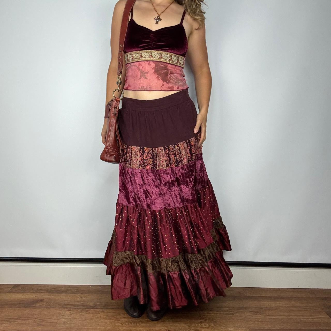 Y2K Burgundy Corduroy & Velvet Tiered Maxi Skirt (M/L)