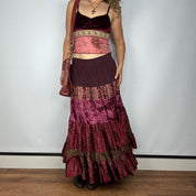 Y2K Burgundy Corduroy & Velvet Tiered Maxi Skirt (M/L)