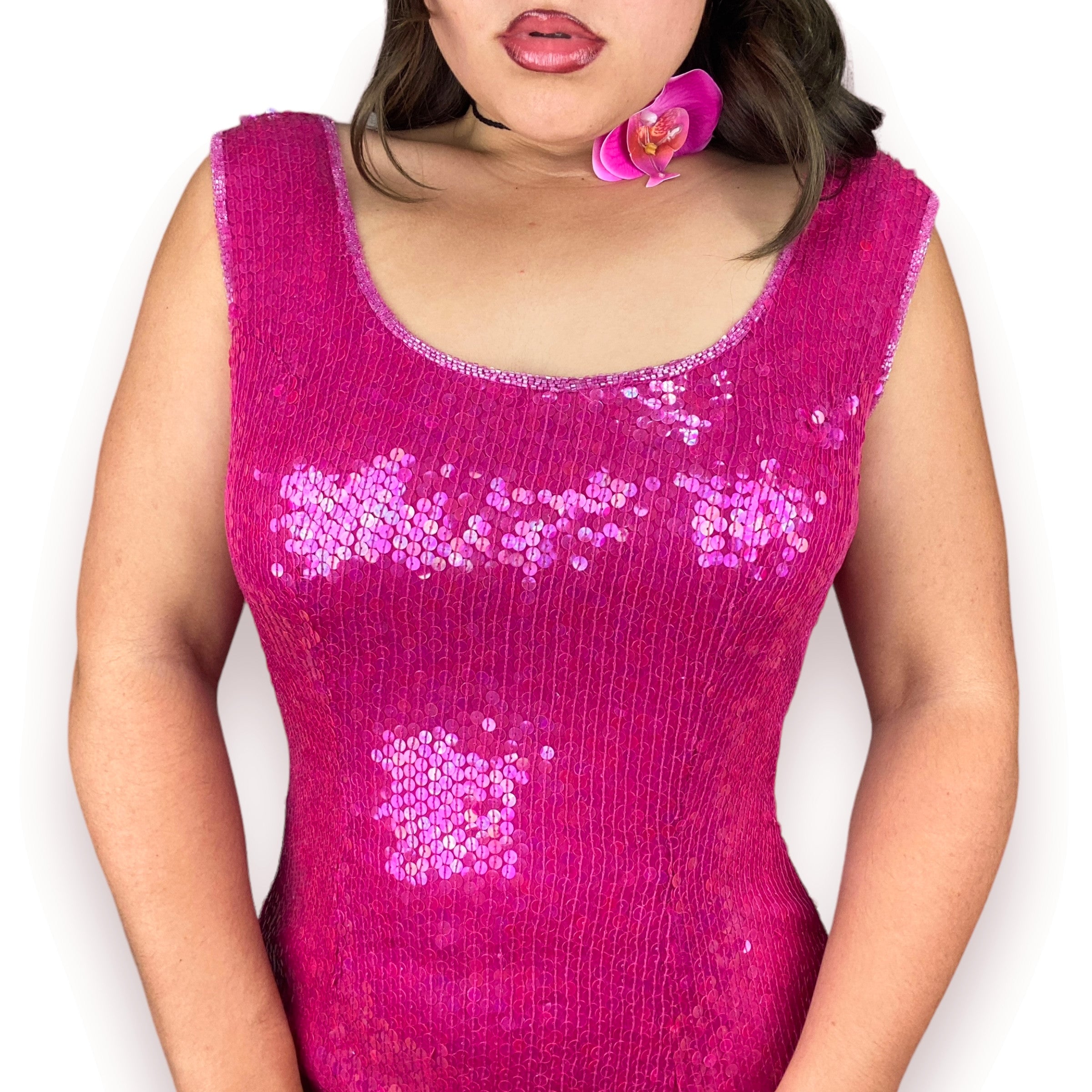 90s Fuchsia Silk Sequin Dress (M)