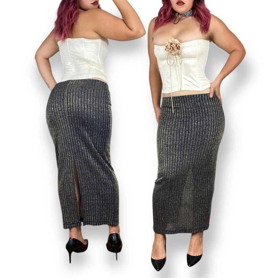 90s Navy Knit Shimmer Skirt (S)