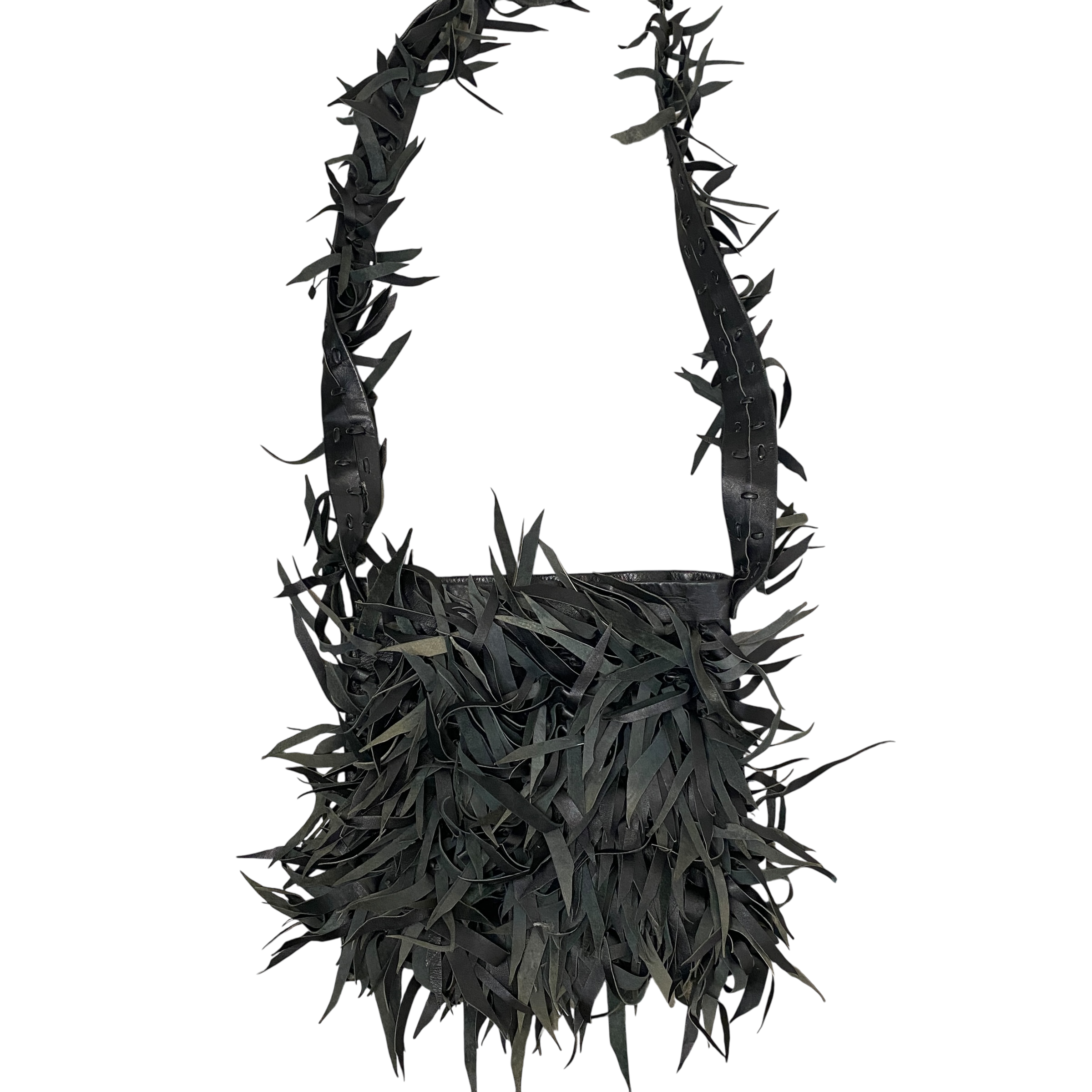 Vintage Black Real Leather Fringe Bag