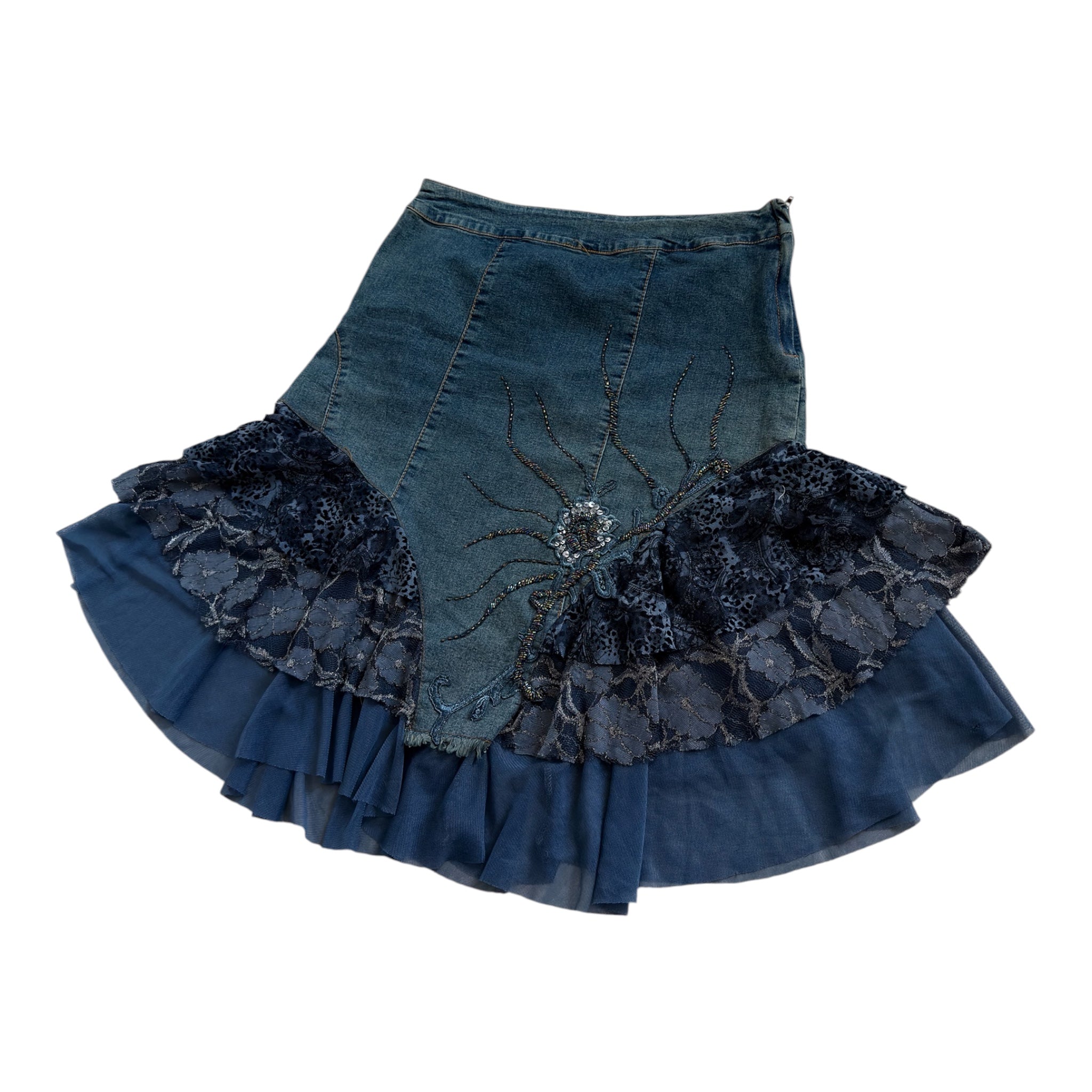 vintage tiered denim lace midi skirt (M)