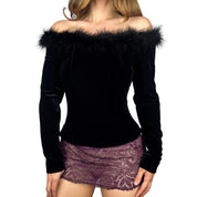 90s Marabou Feather Trim Velvet Top (M)