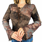 Boho Patchwork Lace Up Blouse (M)