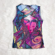 Y2K Psychedelic Art Graphic Mesh Top (M)