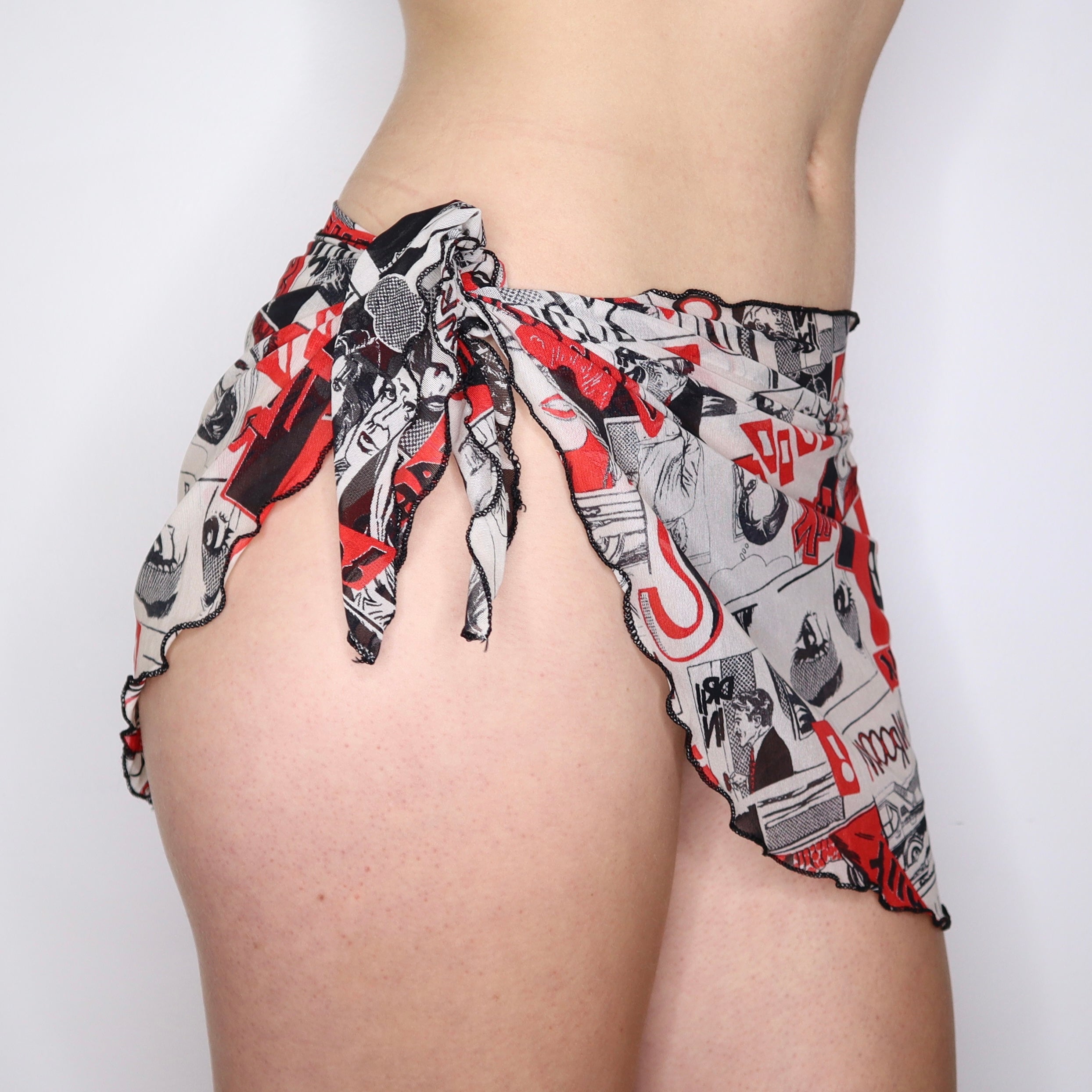 Y2K Comic Print Mesh Sarong Wrap Skirt (S)