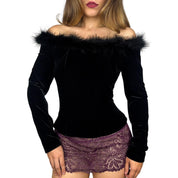 90s Marabou Feather Trim Velvet Top (M)