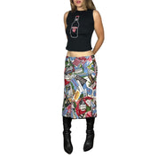 2000s Silk Postcard Print Midi Skirt (S)