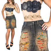 Y2K Distressed Denim Patchwork Skirt (S)