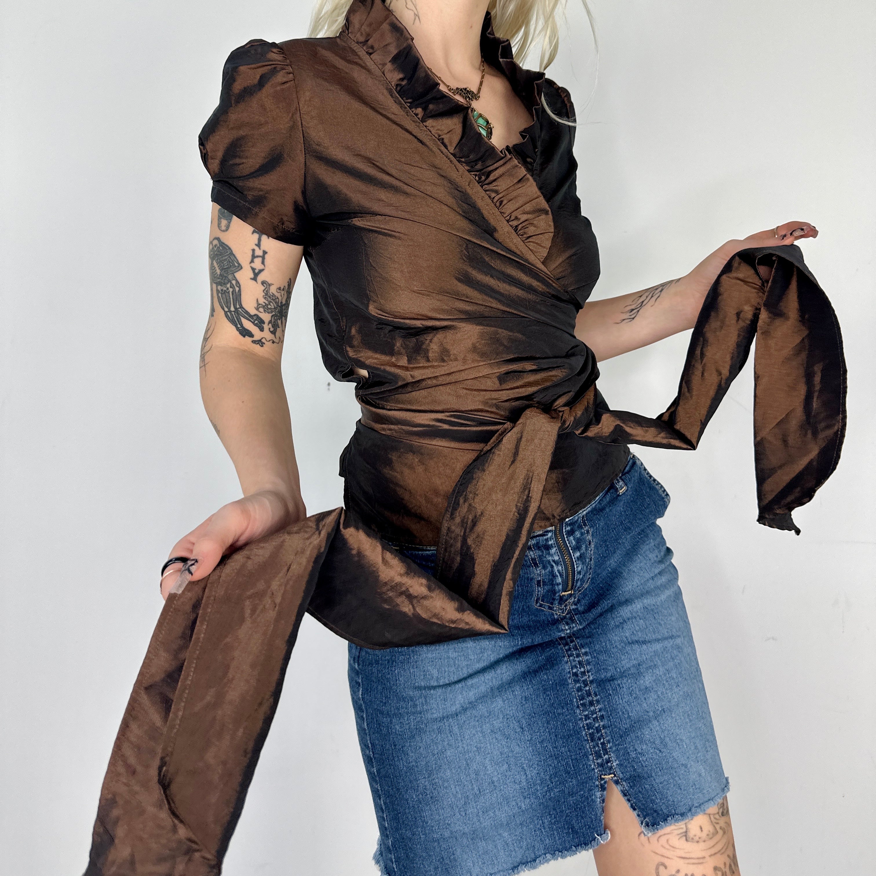Chocolate Metallic Wraparound Blouse (M)