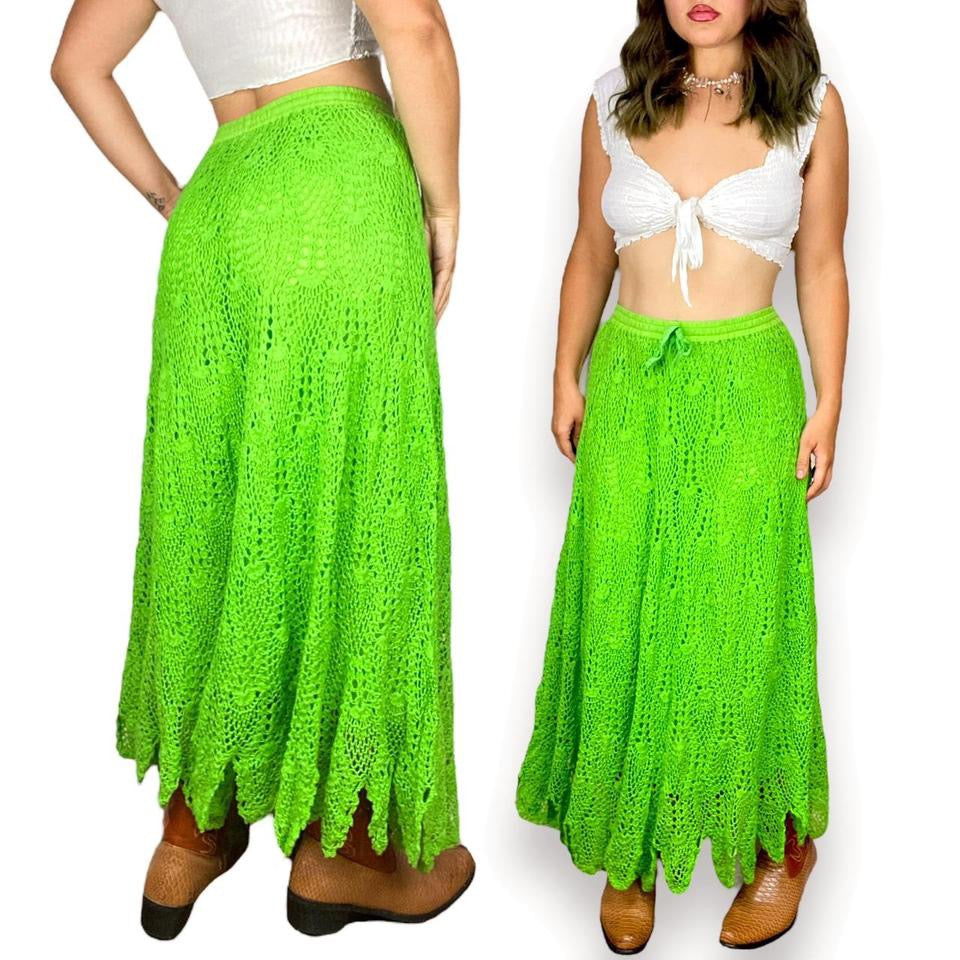 2000s Lime Crochet Maxi Skirt (S)
