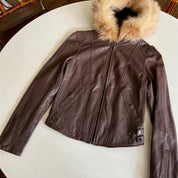 Fitted Brown Leather Jacket with Fur Hood (XS)