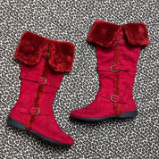 Y2K Red Faux Fur Trim Knee High Buckle Boots (9)