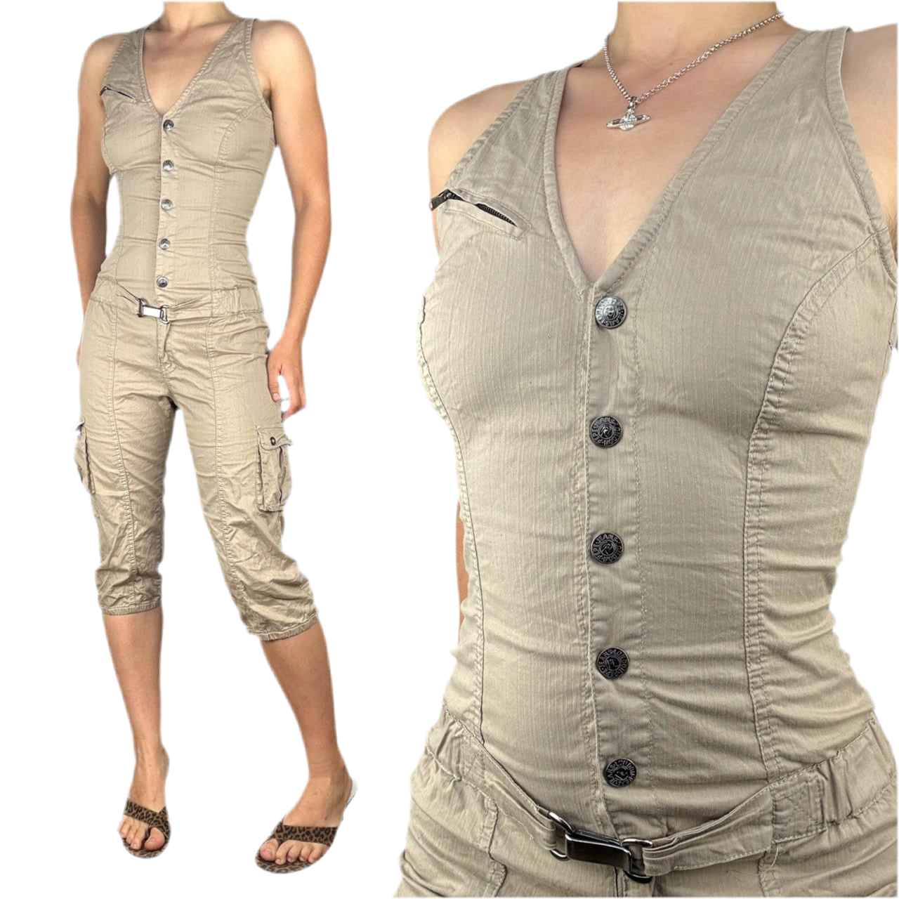 Y2K Khaki Cargo Jumpsuit (S)