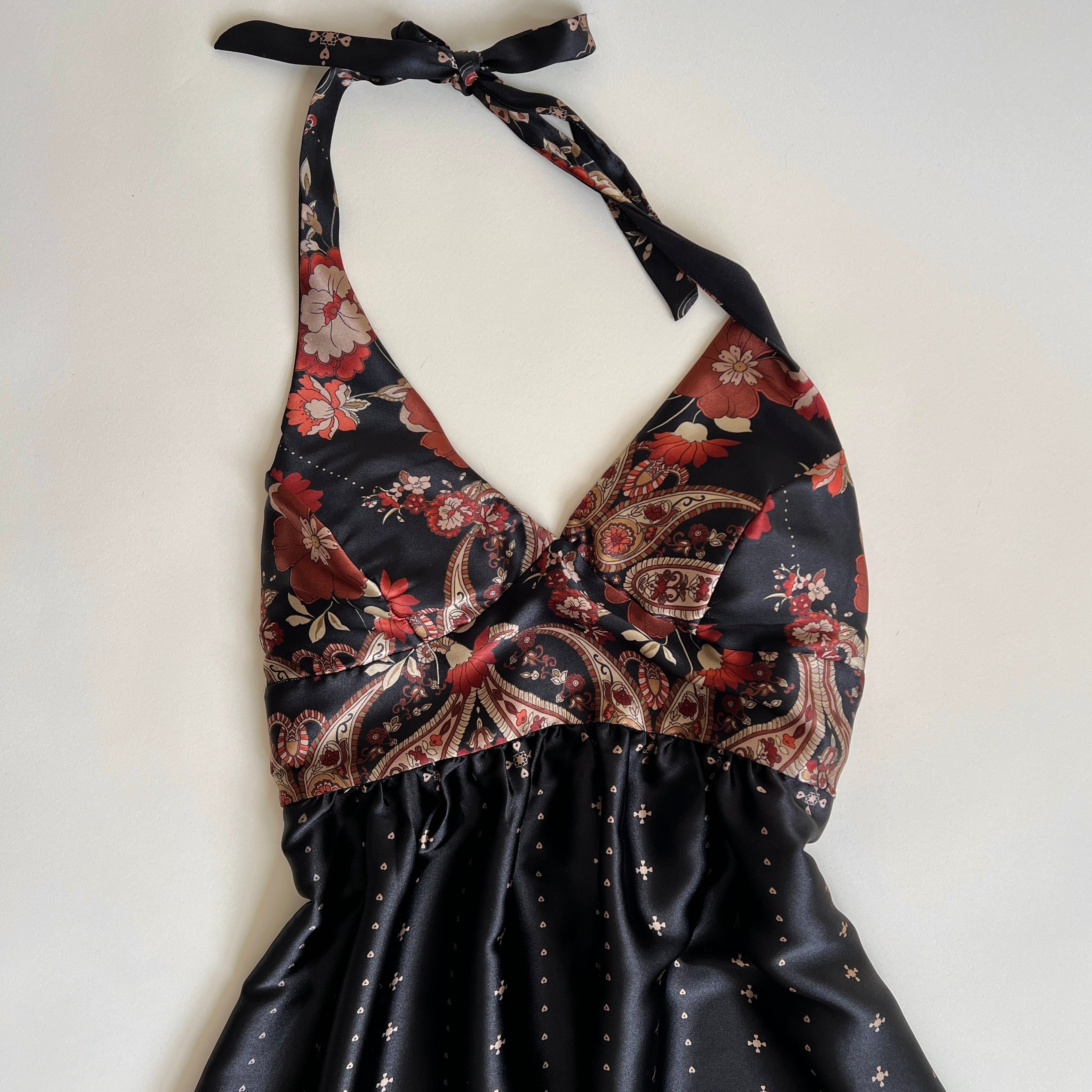 Vintage satin floral halter maxi dress (L)