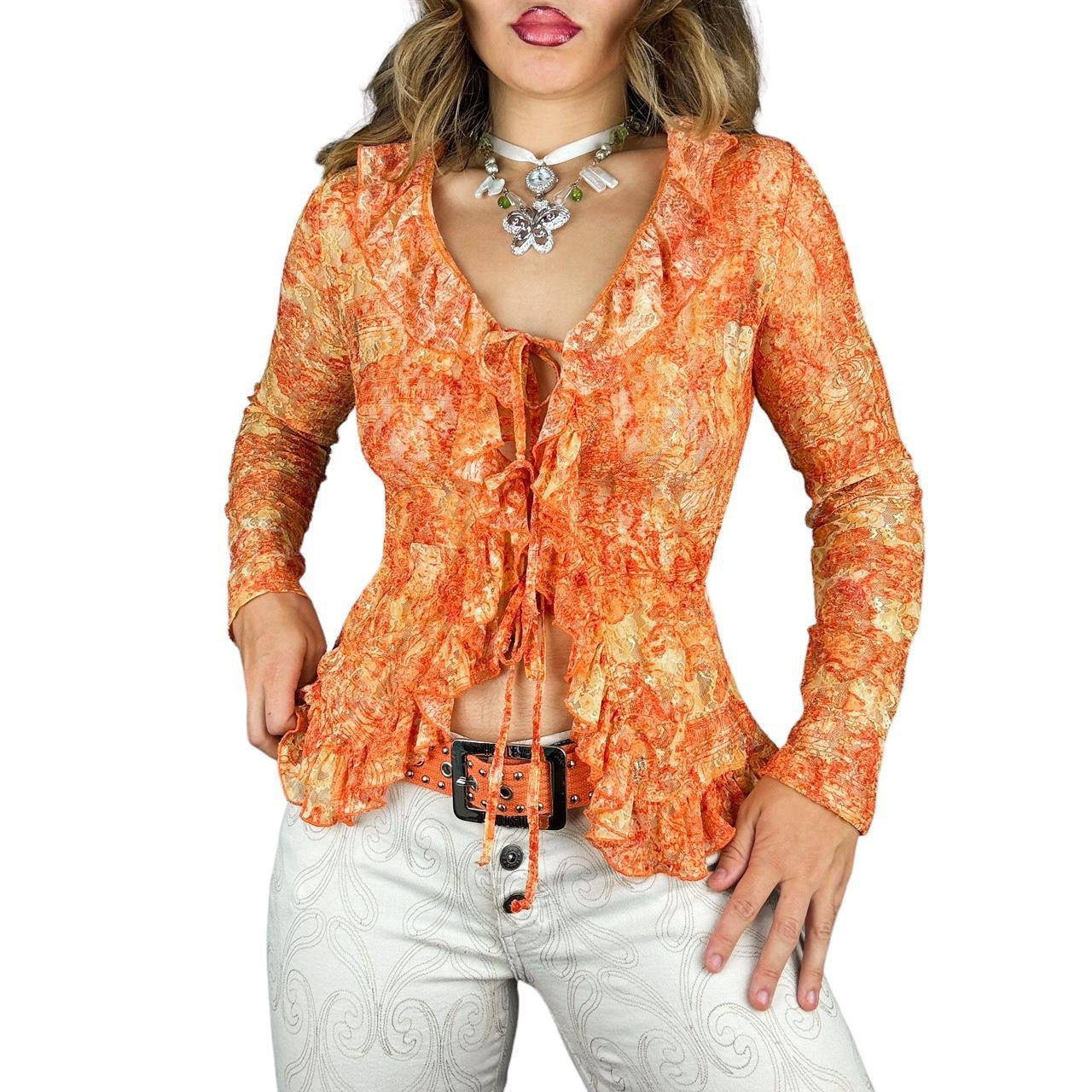 French Vintage Lace Ruffle Tie-Front Top (M)