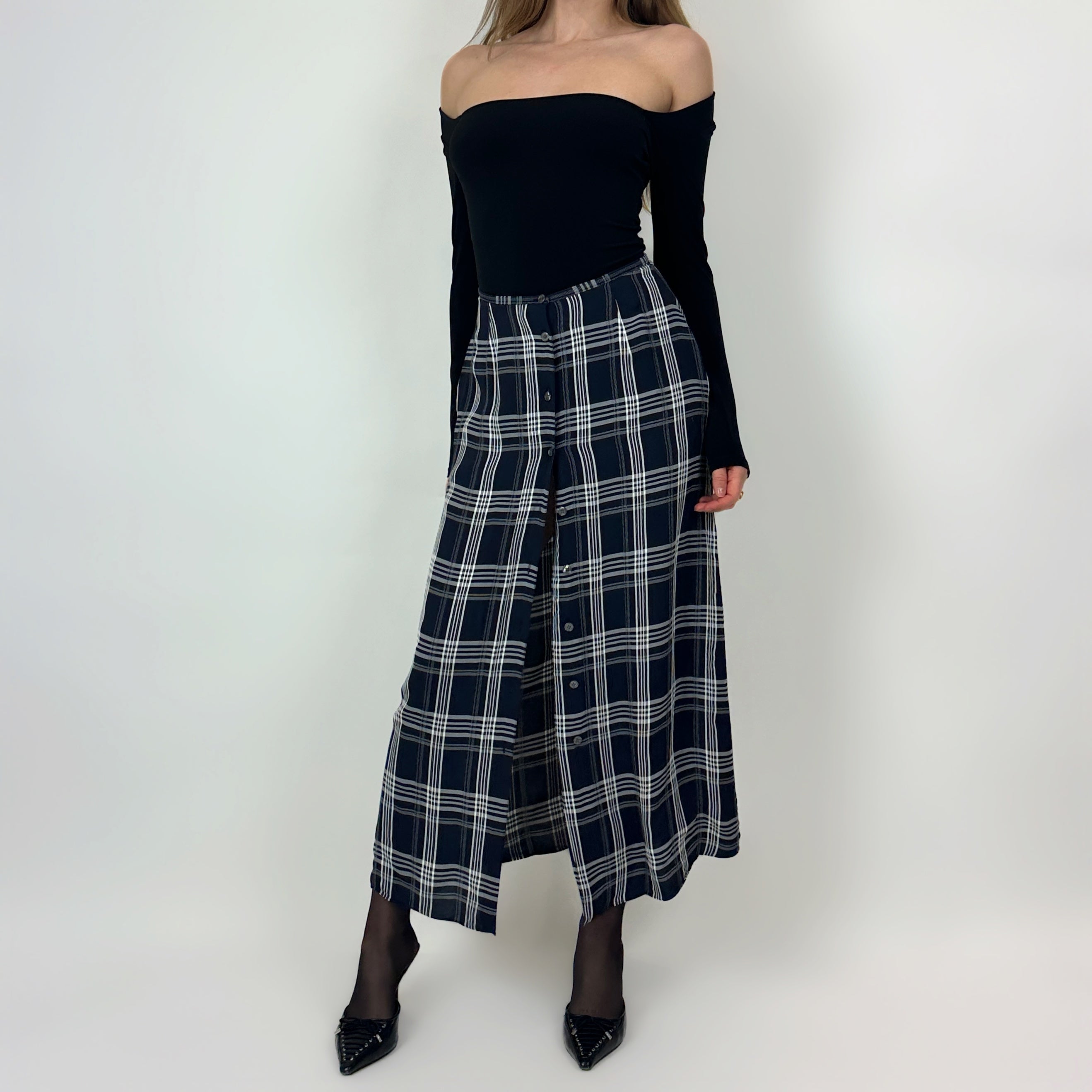Vintage Navy Plaid Maxi Skirt (S)