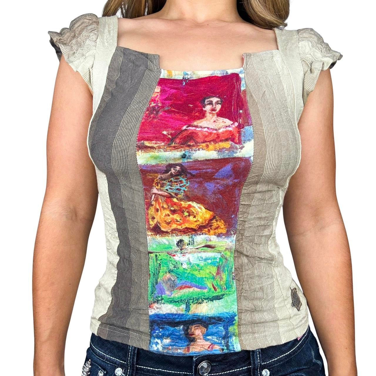French Graphic Puff Sleeve Top (M/L)