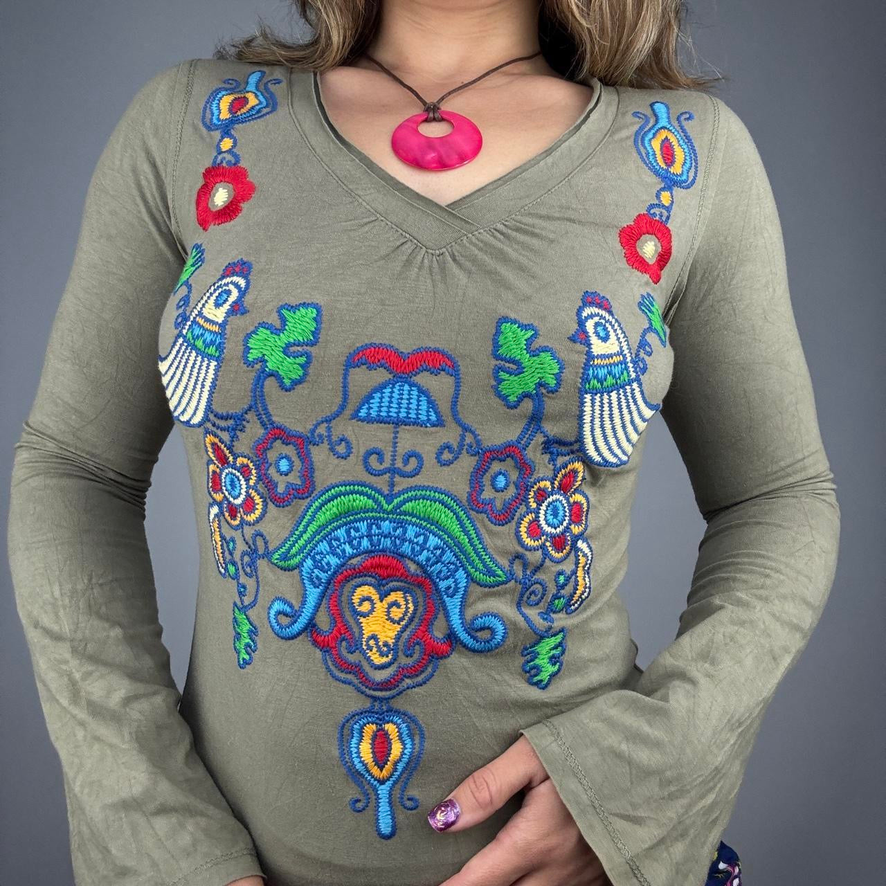 Butterfly & Floral Embroidered Bell Sleeve Top (M)