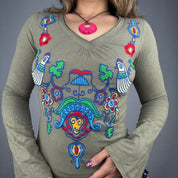 Butterfly & Floral Embroidered Bell Sleeve Top (M)