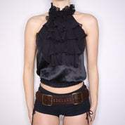 Y2K BEBE Black Silk Ruffle Halter Top (S)