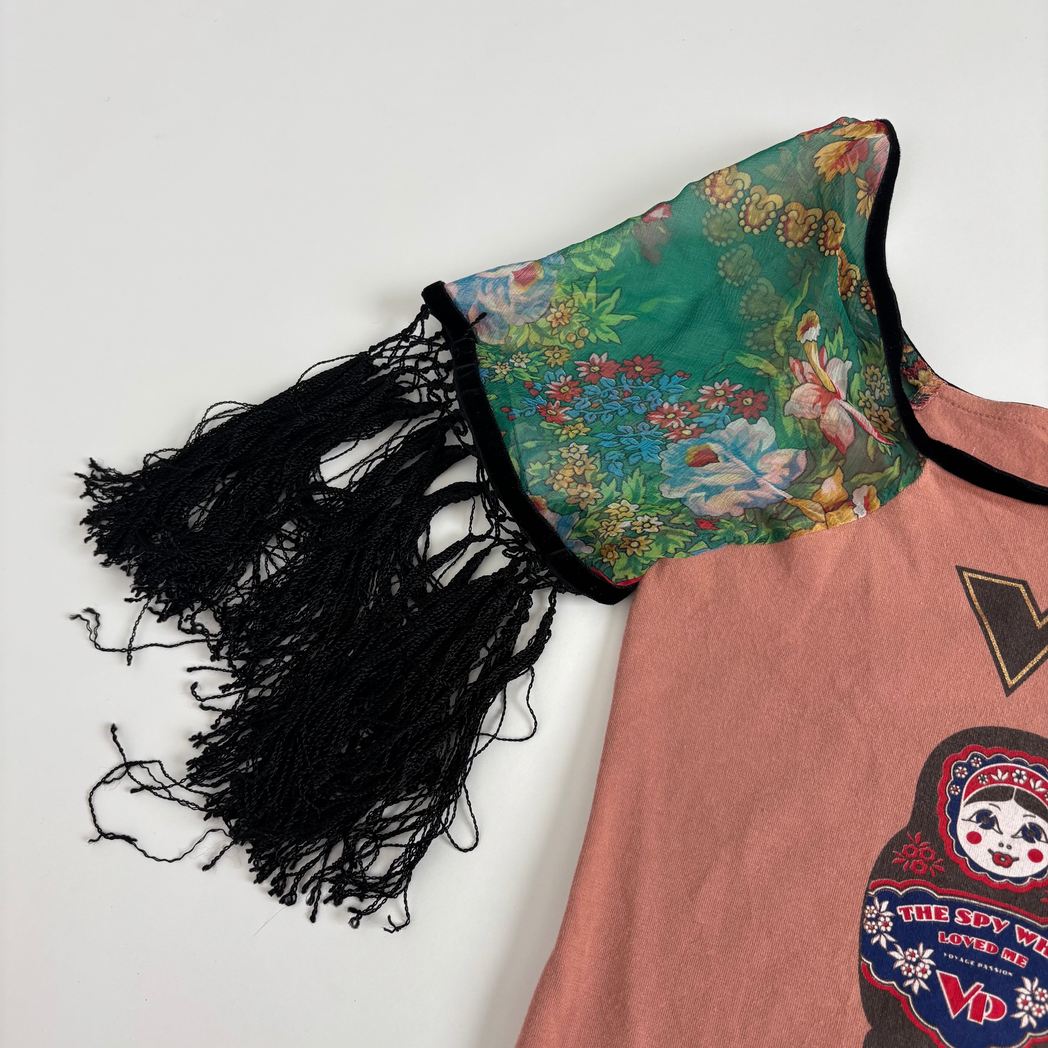 Italian Russian Doll Top with Silk Fringe Sleeves (M)