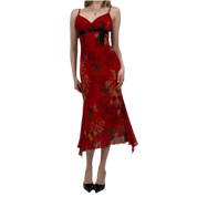 90s Red Floral Milkmaid Midi Dress (XS)