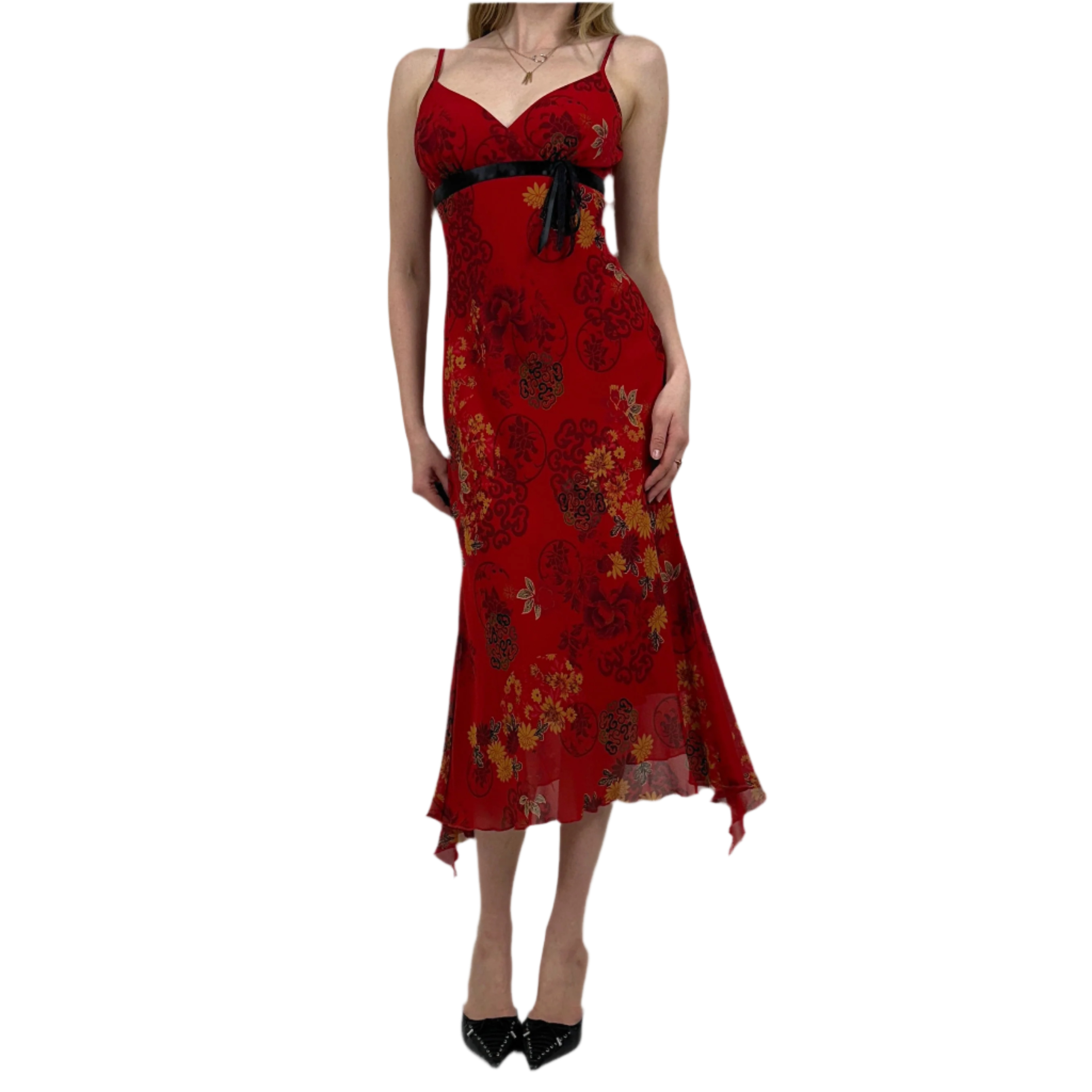90s Red Floral Milkmaid Midi Dress (XS)