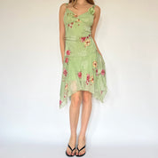 2000s Pastel Green Floral Flutter Midi Dress
