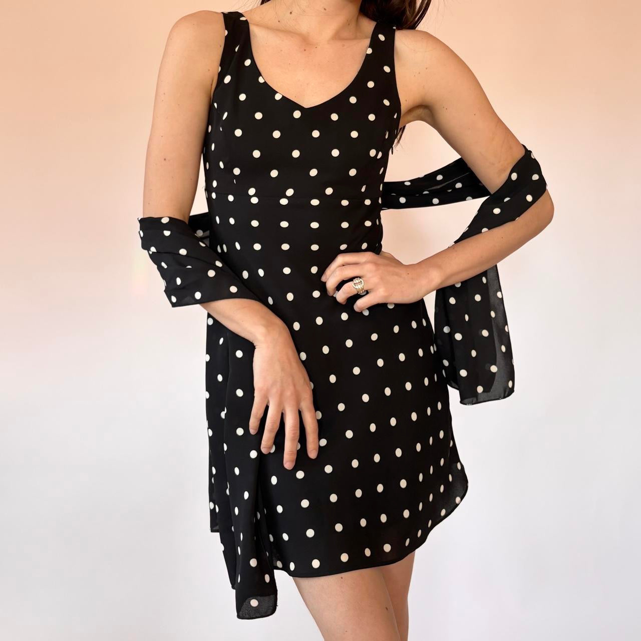 90s Polka Dot Mini Dress & Scarf Set (XS)