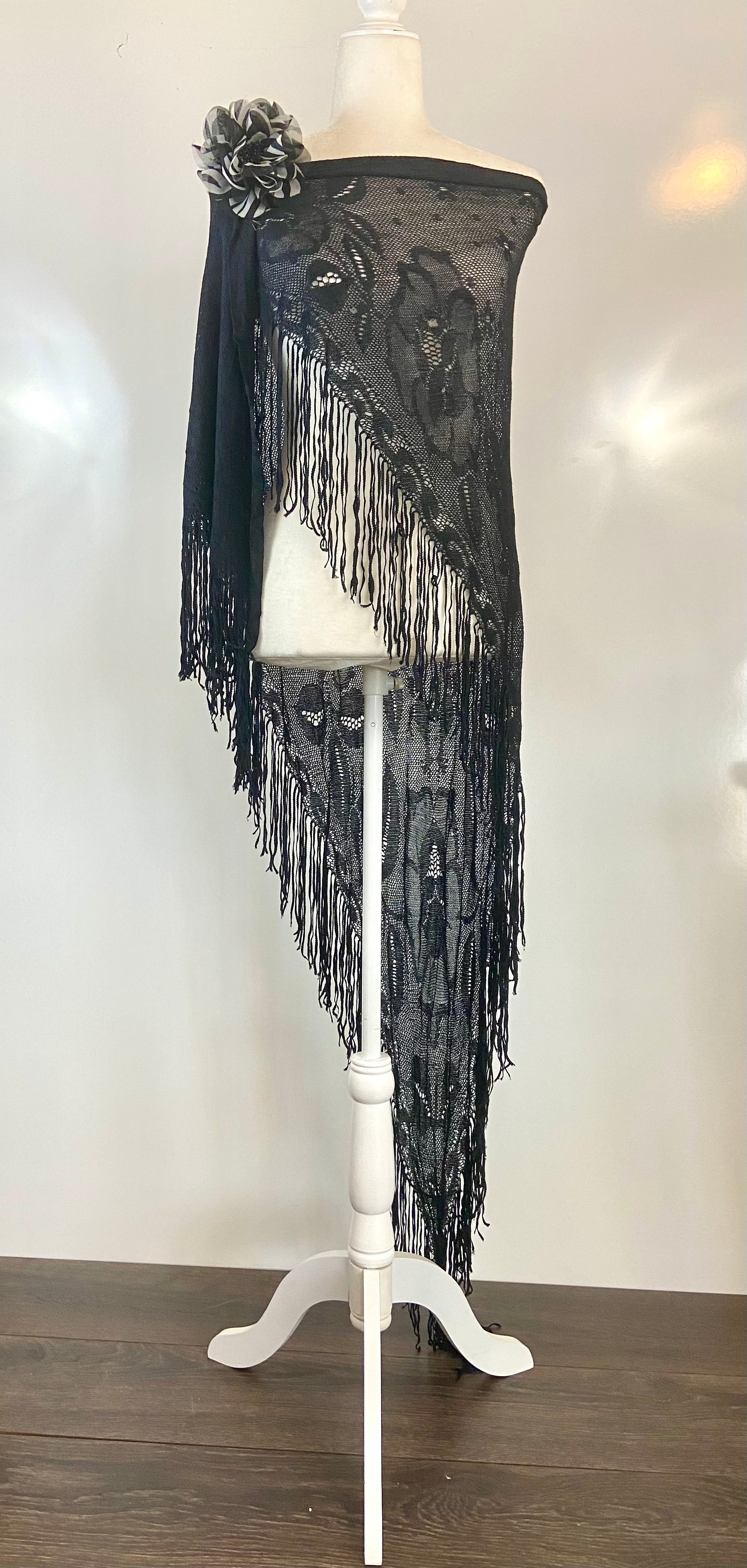 Black Lace triangle Scarf with flower accessories