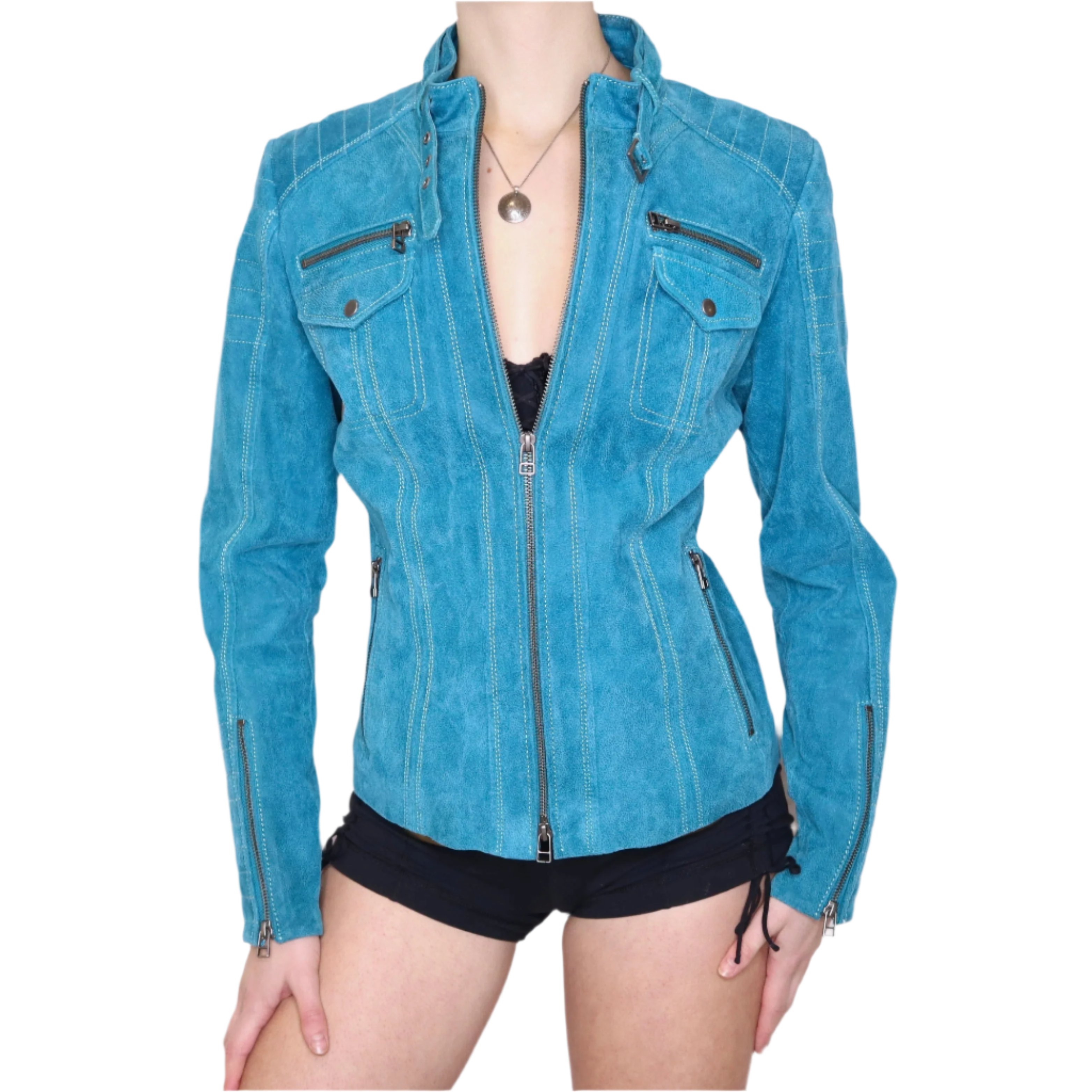 Y2K Sexy Turquoise Suede Moto Jacket (M/L)