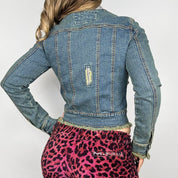 Rhinestone Studded Distressed Denim Jacket (M)