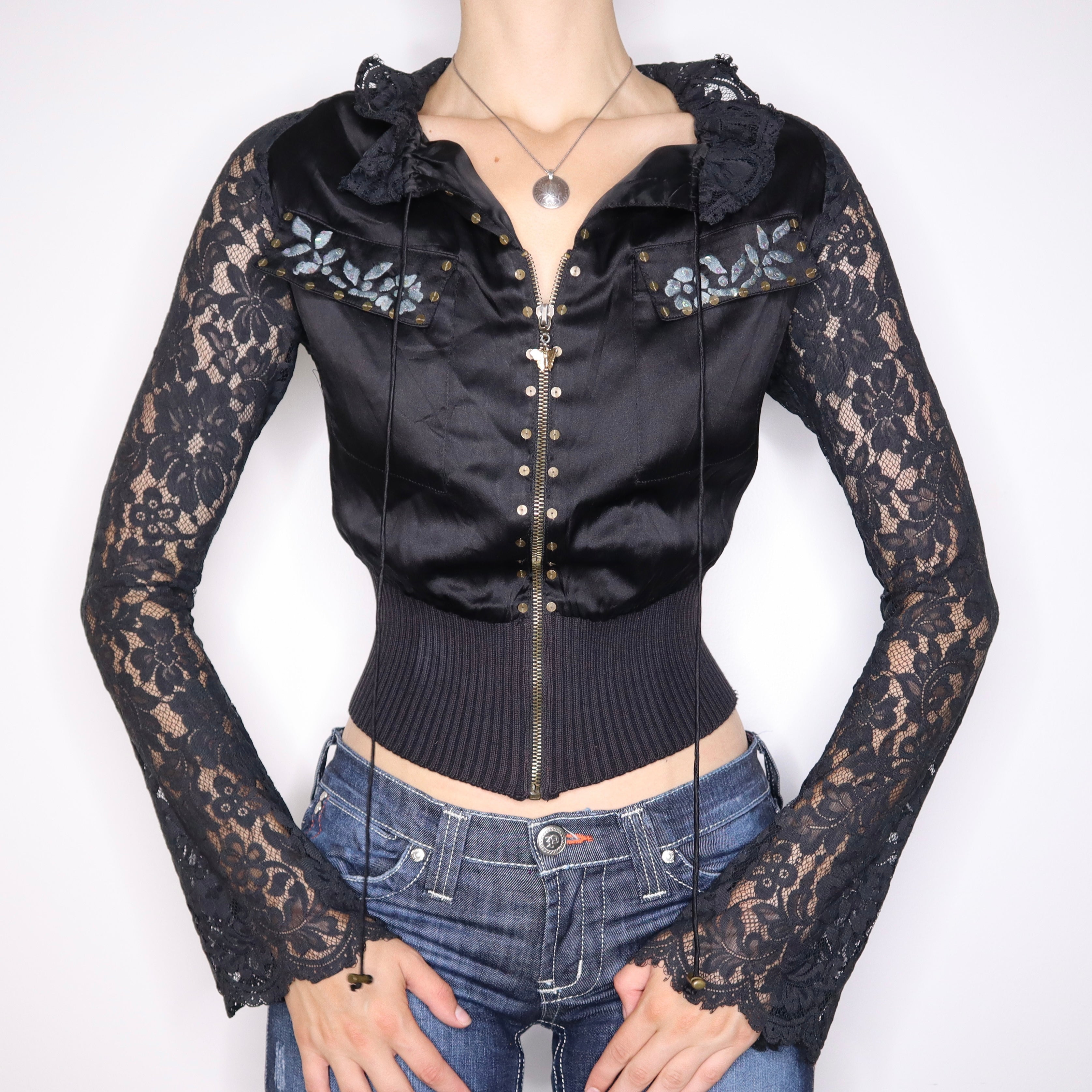 Y2K Black Silk and Lace Sequined Jacket (S)